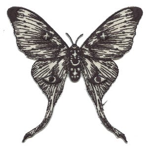 May include: A black and white embroidered butterfly patch with a detailed design. The butterfly has long, pointed wings with a pattern of lines and dots. The butterfly's body is also detailed with a pattern of lines and dots.