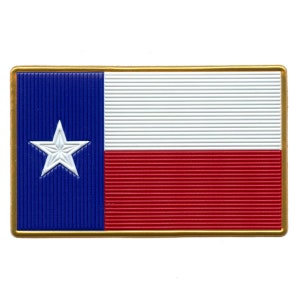 May include: A gold-framed patch with the Texas state flag. The flag features a blue field with a white five-pointed star, a white horizontal stripe, and a red horizontal stripe.
