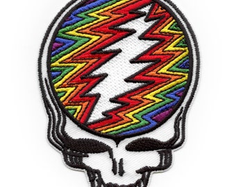 Grateful Dead Rainbow Steal Your Face Skull Iron-On Patch – Embroidered Lightning Bolt Patch, Deadhead Gift, Rock Band Jacket Backpack Patch