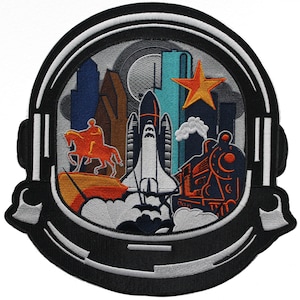 H-town Skyline Astronaut Hjälm Tygmärke Rakettåg Stjärna Broderad Stryk-på XL D6