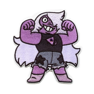 May include: Purple Amethyst from the cartoon show Steven Universe, wearing a black shirt, ripped jeans, and a star design. The character is smiling and has a large, purple gem on her forehead.