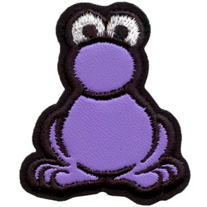 Peut inclure: Grenouille de dessin animé violette avec des contours noirs et des yeux blancs. La grenouille est assise les jambes croisées.