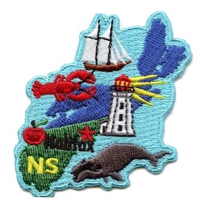 May include: Embroidered patch depicting the outline of Nova Scotia, Canada, with various symbols representing the province.  The patch features a red lobster, a lighthouse, a sailboat, a whale, an apple, and the text "Halifax NS".