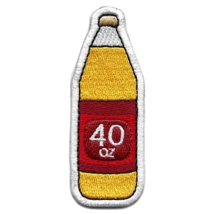 Könnte beinhalten: Gestickter Aufnäher einer gelben und roten 40 oz Flasche mit weißem Umriss.