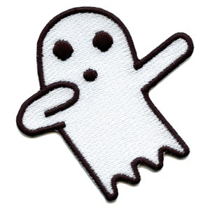 May include: White ghost with black outline, doing the dab dance. The ghost has two black eyes and a small black mouth.