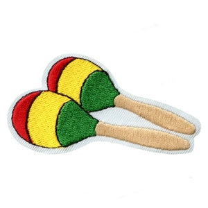 May include: A pair of maracas with red, yellow, and green stripes. The maracas are made of wood and have a brown handle.