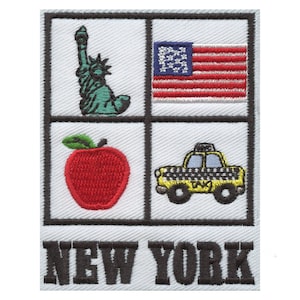 May include: An embroidered patch with a white background and black border. The patch features four images: the Statue of Liberty, the American flag, a red apple, and a yellow taxi cab. The text "NEW YORK" is printed in black at the bottom of the patch.