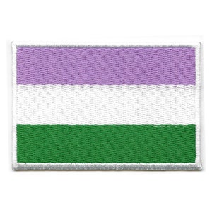 May include: Rectangular embroidered patch featuring a genderqueer pride flag design. The flag has three horizontal stripes: lavender, white, and green. The patch has a white border.