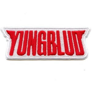 May include: White embroidered patch with the word "YUNGBLUD" in red lettering.