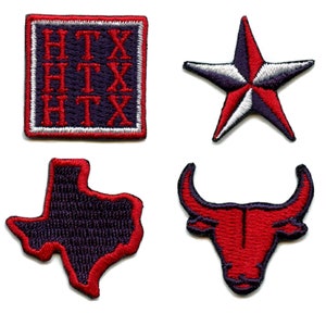 May include: Four embroidered iron-on patches. The first patch is a red square with white trim and the text "HTX" repeated three times in a dark blue color. The second patch is a red and white star with a blue center. The third patch is a dark blue outline of the state of Texas with a red border. The fourth patch is a red bull's head with a dark blue outline.