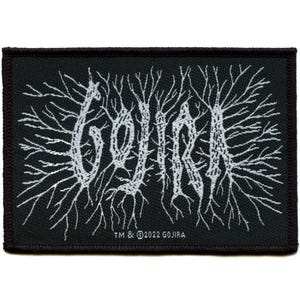 May include: A black and white woven patch featuring the word "GOJIRA" in a stylised font. The letters are formed by a series of branching lines, resembling tree roots or veins. The patch has a black border and the text "TM & © 2022 GOJIRA" is printed in white at the bottom.