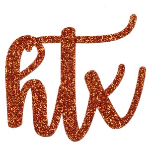 Könnte beinhalten: Orangefarbene Glitzerbuchstaben, die "RTX" in einer kursiven Schriftart buchstabieren.