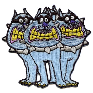 May include: Three blue, three-headed, dog-like creatures with yellow teeth and black eyes. Each creature has a silver collar with spikes. The creatures are standing on a white background.