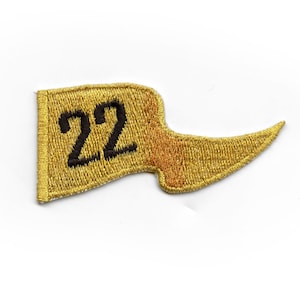 May include: A gold embroidered pennant with the number 22 in black.