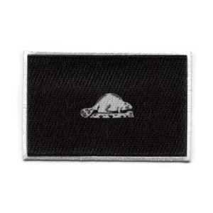 May include: Black embroidered patch with a white beaver silhouette on a black background. The beaver is facing left and has a long tail.