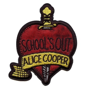 May include: A red heart-shaped patch with a black dagger piercing through it. The heart has the text "SCHOOL'S OUT" in black and a yellow banner with the text "ALICE COOPER" in black.