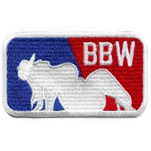 May include: A white embroidered patch with a white silhouette of a bear on a blue and red background. The text "BBW" is embroidered in white on the red background.