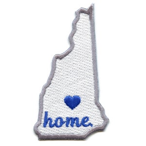 May include: White embroidered patch shaped like the state of New Hampshire with a blue heart and the word "home" in blue embroidery.