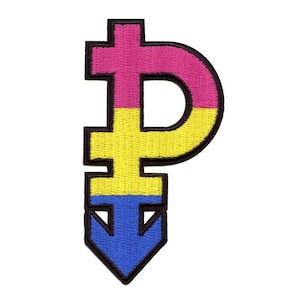 May include: A pink, yellow, and blue gender symbol patch with a downward arrow. The symbol is a combination of the female and male symbols.