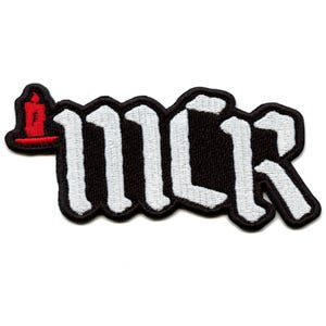 May include: Black and white embroidered patch with the text "MCR" in a gothic font. A small red candle is to the left of the text.