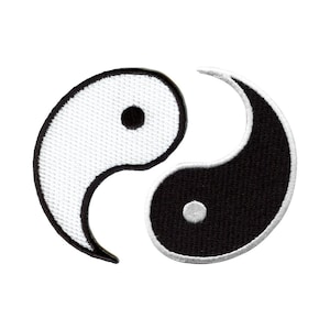 May include: Black and white yin yang symbol embroidered patch. The yin yang symbol is a circular shape divided into two halves, one black and one white, each containing a smaller circle of the opposite color.