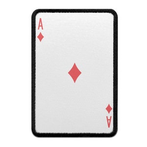 May include: A white playing card with a black border. The card is an Ace of Diamonds. The suit symbol is red.