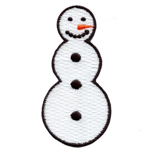 May include: A white snowman with three round snowballs, a black button on each snowball, a black mouth, and an orange carrot nose.