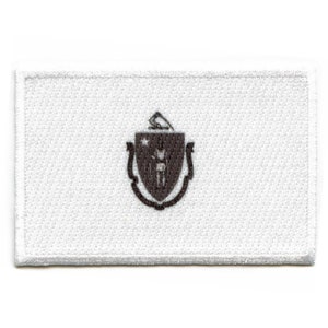 May include: A white embroidered patch featuring the state seal of Massachusetts. The seal is black and depicts a Native American holding a bow and arrow, a star, and a pine tree.