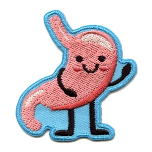 May include: A pink cartoon stomach with a smiling face and arms and legs. The stomach is standing on a light blue background.
