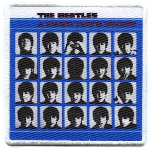 May include: Square patch with a blue background and a grid of black and white images of The Beatles. The text "THE BEATLES" and "A HARD DAY'S NIGHT" are printed in red and white.