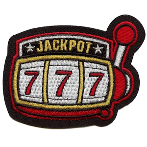 May include: Black and red embroidered patch of a slot machine with the word "JACKPOT" and three 7s.