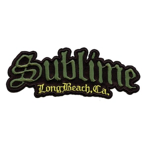 May include: Green and yellow embroidered patch with the word "Sublime" in a stylized font and the text "Long Beach, Ca." underneath.