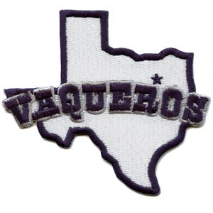 May include: Purple and white embroidered patch shaped like the state of Texas with the word "VAQUEROS" in a banner across the bottom.