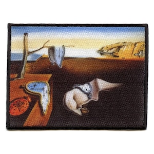 May include: A surrealist painting depicting a melting clock, a figure with a clock face, and a tree branch with a pocket watch hanging from it. The painting is set against a backdrop of a blue sky and a distant landscape.