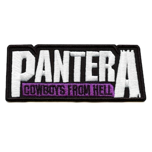 May include: Black and white embroidered patch with the word "PANTERA" in white lettering and the words "COWBOYS FROM HELL" in purple lettering.