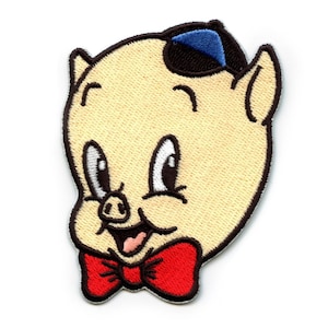 May include: A cartoon pig with a blue and brown hat and a red bow tie. The pig has a happy expression and is looking to the right.