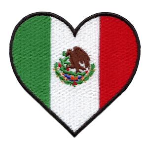 May include: A heart-shaped embroidered patch with the Mexican flag. The flag features a green, white, and red color scheme with the Mexican coat of arms in the center.
