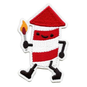 May include: A red and white striped firework with a smiling face and black arms and legs. The firework is holding a lit match in its right hand.