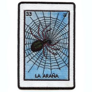 Könnte beinhalten: Ein gestickter Patch im Vintage-Stil mit einer Spinne in einem Netz. Der Patch ist weiß mit schwarzem Rand und blauem Hintergrund. Die Spinne ist schwarz mit roten Beinen und einem grünen Körper. Der Text "LA ARAÑA" ist in schwarz unten auf dem Patch aufgedruckt. Die Nummer "33" ist oben links aufgedruckt.
