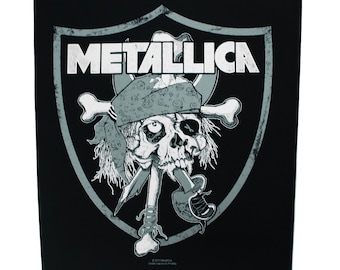 May include: Black and white patch with a skull wearing a bandana and holding crossed swords. The skull is inside a shield with the word "Metallica" above it.