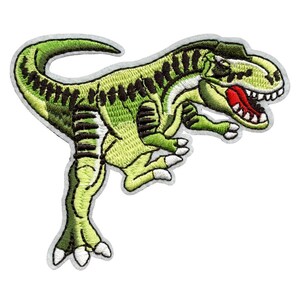 May include: Green embroidered dinosaur patch with a white outline. The dinosaur is facing right and has its mouth open, showing red teeth.