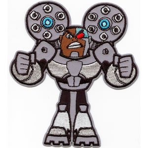 May include: Iron-on embroidered patch featuring a cartoon superhero in a grey and black suit, with a red eye and large grey cannons on his head.