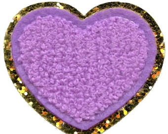 Lovely Purple Heart Patch Cute Golden Girly Chenille Iron On AC6