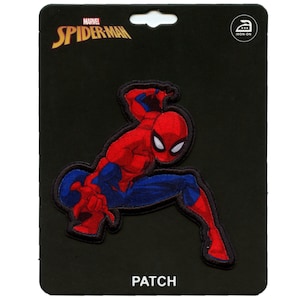 May include: Iron-on patch featuring a red and blue Spider-Man in a crouching pose. The patch has the words "MARVEL SPIDER-MAN" and "IRON-ON" on the packaging. The packaging also says "PATCH".