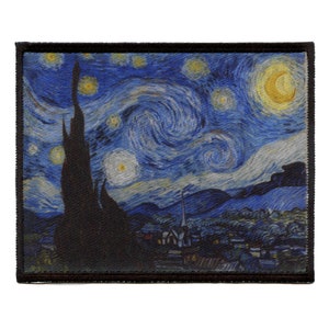 May include: A vibrant blue and yellow patch depicting Vincent van Gogh's famous painting, "The Starry Night". The patch features a swirling night sky with a large, bright moon and numerous stars.