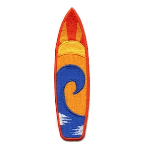 May include: An embroidered patch of a surfboard with a blue wave and a yellow sun. The surfboard is orange with a red outline.