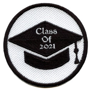 May include: White round patch with black embroidered graduation cap. The cap has the text "Class of 2021" on it.