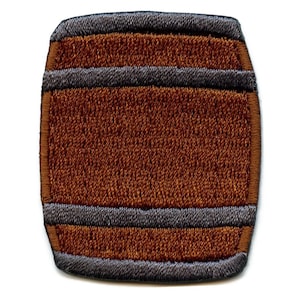 May include: A brown embroidered patch shaped like a barrel with two dark gray bands around the middle.