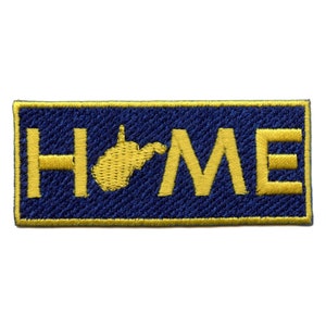 May include: A blue and gold embroidered patch with the word "HOME" and an outline of the state of West Virginia.