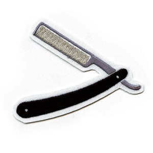 May include: A black and silver straight razor with a white background. The razor is a traditional style with a long blade and a handle.